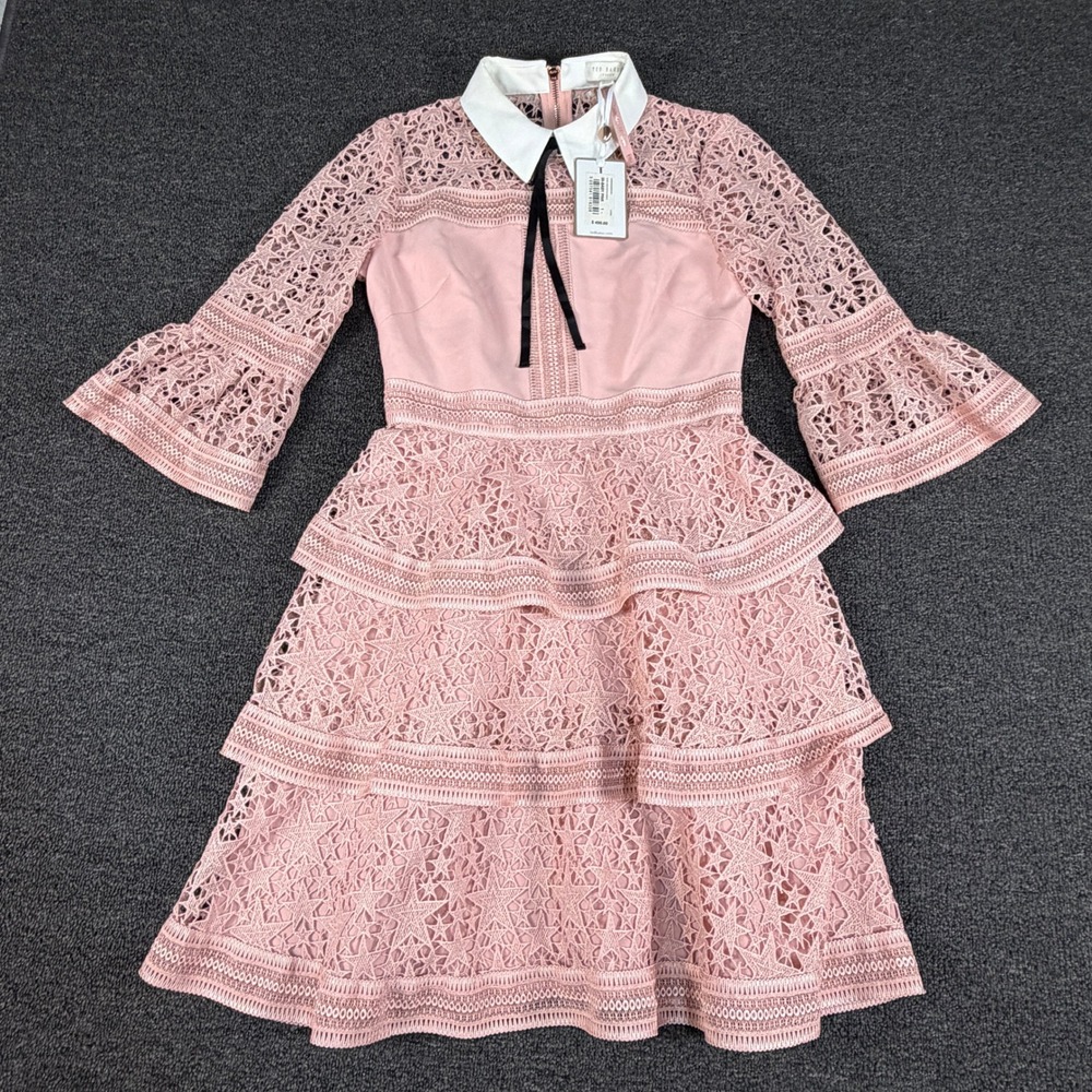 Ted Baker Dress Womens 1 Star Lace Ruffle Mini Baby Pink Tiered Collared NEW